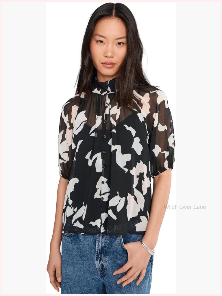Floral Short Sleeve Notch Neck Blouse With Button Front